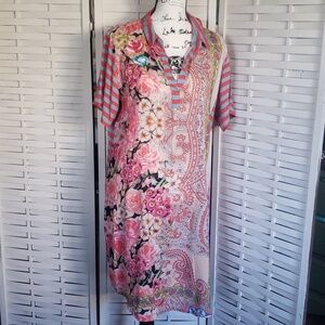 Feathers by Tolani floral and stripes short sleeves embroidery tunic dress L